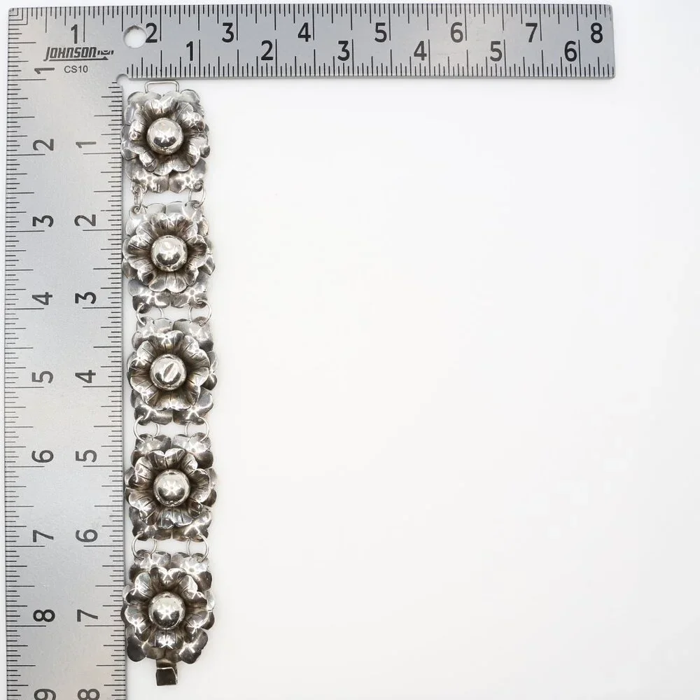 Vintage Mexican Silver Large Cabbage Floral Five Link Chunky Bracelet 1940s